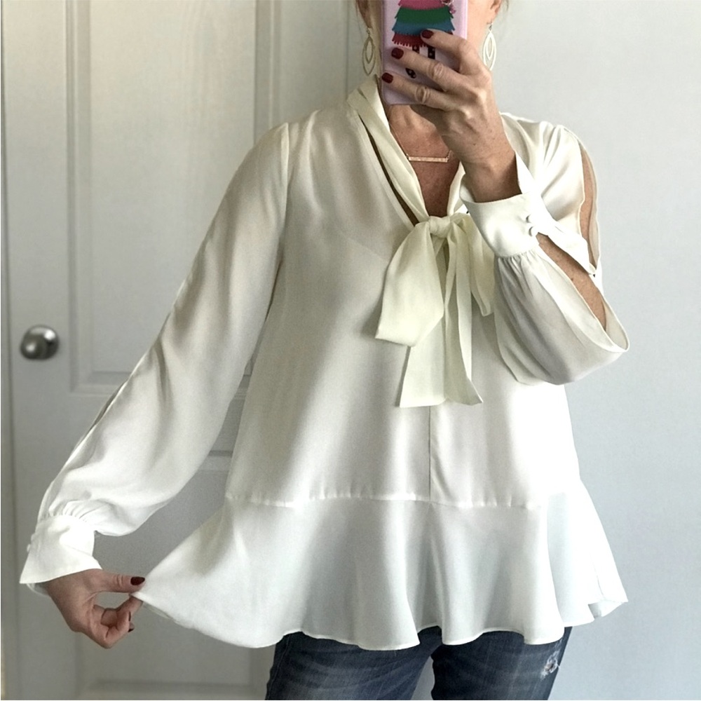 Ivory Neck Tie Long Sleeve Blouse - Picture 2 of 6